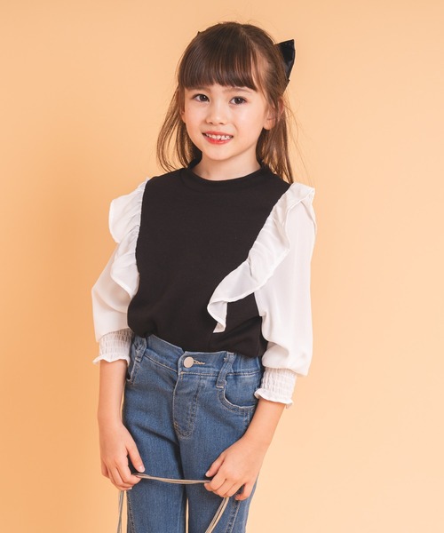 URBAN CHERRY（アーバンチェリー）の「【吸水性・保温性バツグン】ドッキングデザインフリル裏毛トップス（スウェット・キッズ・ベージュ/ブラウン/ブラック・130cm/110cm/150cm/140cm/120cm）」の9枚目の写真