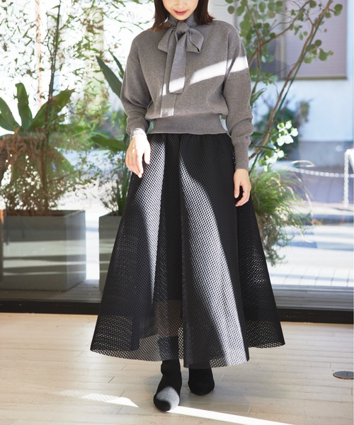 SETUP7（セットアップセブン）の「【SETUP7】メッシュフレアロングスカート KNF037 ※（スカート・レディース・ブラック・FREE）」の10枚目の写真