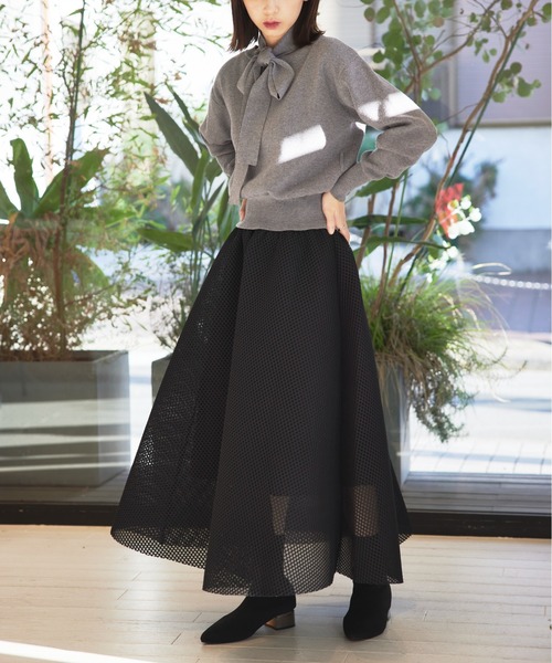 SETUP7（セットアップセブン）の「【SETUP7】メッシュフレアロングスカート KNF037 ※（スカート・レディース・ブラック・FREE）」の7枚目の写真