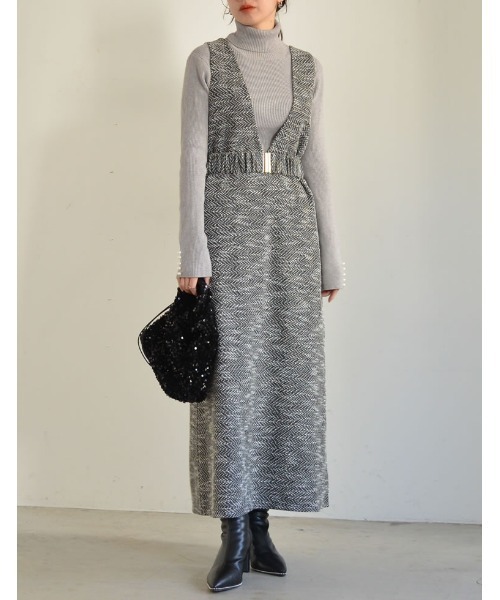 Re:EDIT（リエディ）の「[低身長サイズ有]カットツイードウエストベルト付きジャンパースカート（ジャンパースカート・レディース・ブラック/ブラック系その他・MEDIUM/LARGE/SHORT）」の2枚目の写真