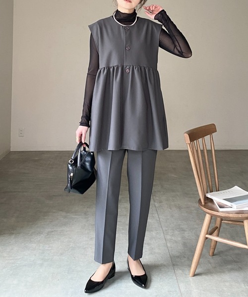 セール】ギャザーペプラムジレベストトップス＆パンツスタイル