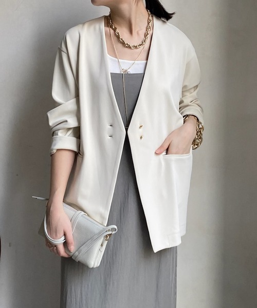 DouDou(ドゥドゥ)の「【WEB限定】ツイルノーカラージャケット(ノーカラージャケット・レディース・ブラック/オフホワイト・FREE)」の2枚目の写真