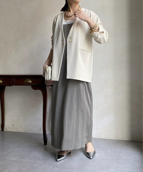 DouDou(ドゥドゥ)の「【WEB限定】ツイルノーカラージャケット(ノーカラージャケット・レディース・ブラック/オフホワイト・FREE)」の4枚目の写真