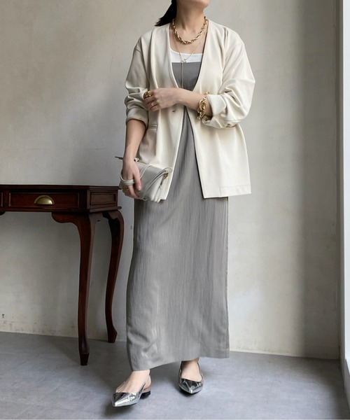 DouDou(ドゥドゥ)の「【WEB限定】ツイルノーカラージャケット(ノーカラージャケット・レディース・ブラック/オフホワイト・FREE)」の5枚目の写真