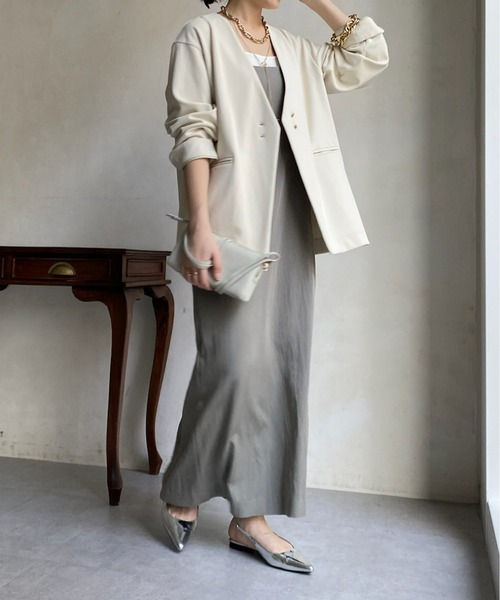 DouDou(ドゥドゥ)の「【WEB限定】ツイルノーカラージャケット(ノーカラージャケット・レディース・ブラック/オフホワイト・FREE)」の6枚目の写真