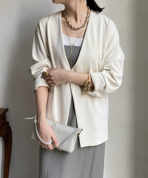 DouDou(ドゥドゥ)の「【WEB限定】ツイルノーカラージャケット(ノーカラージャケット・レディース・ブラック/オフホワイト・FREE)」の8枚目の写真