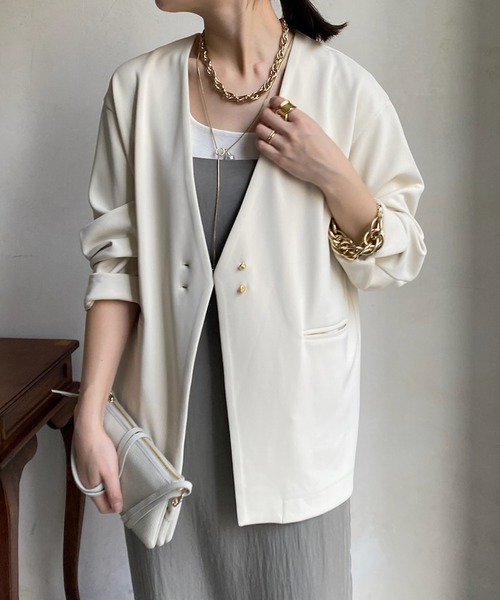 DouDou(ドゥドゥ)の「【WEB限定】ツイルノーカラージャケット(ノーカラージャケット・レディース・ブラック/オフホワイト・FREE)」の9枚目の写真