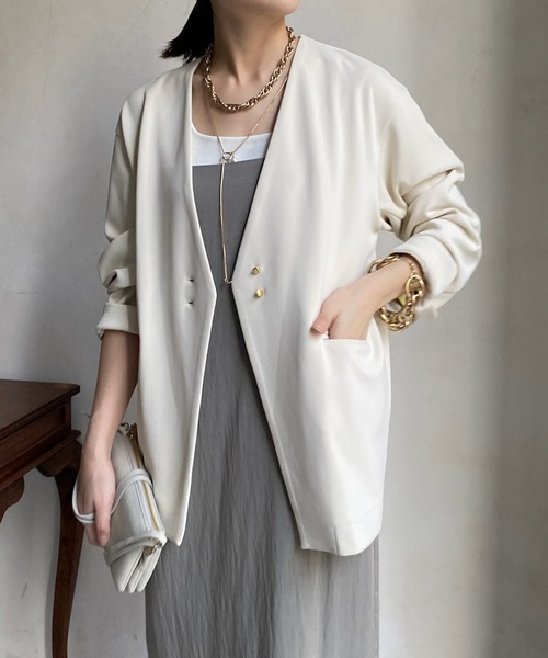 DouDou(ドゥドゥ)の「【WEB限定】ツイルノーカラージャケット(ノーカラージャケット・レディース・ブラック/オフホワイト・FREE)」の10枚目の写真