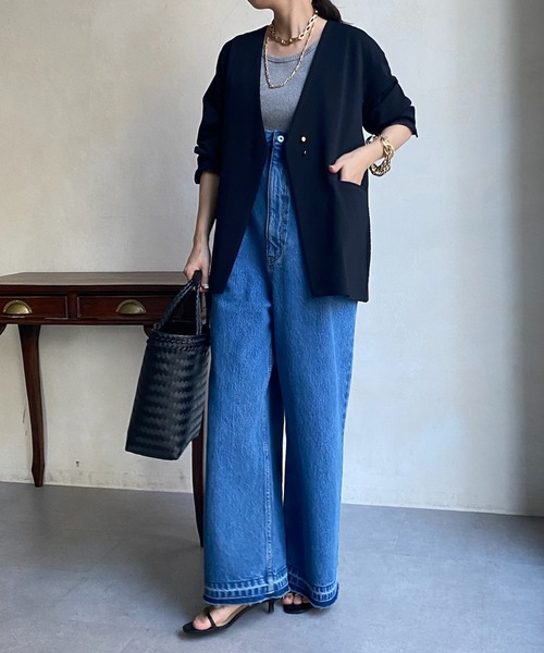 DouDou(ドゥドゥ)の「【WEB限定】ツイルノーカラージャケット(ノーカラージャケット・レディース・ブラック/オフホワイト・FREE)」の12枚目の写真