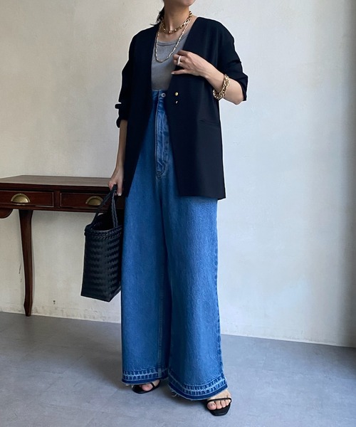 DouDou(ドゥドゥ)の「【WEB限定】ツイルノーカラージャケット(ノーカラージャケット・レディース・ブラック/オフホワイト・FREE)」の13枚目の写真