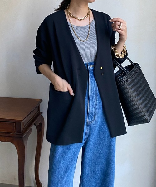 DouDou(ドゥドゥ)の「【WEB限定】ツイルノーカラージャケット(ノーカラージャケット・レディース・ブラック/オフホワイト・FREE)」の14枚目の写真