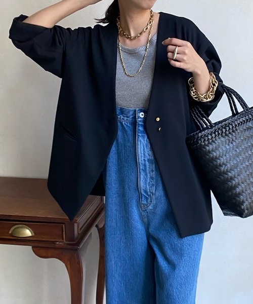 DouDou(ドゥドゥ)の「【WEB限定】ツイルノーカラージャケット(ノーカラージャケット・レディース・ブラック/オフホワイト・FREE)」の15枚目の写真