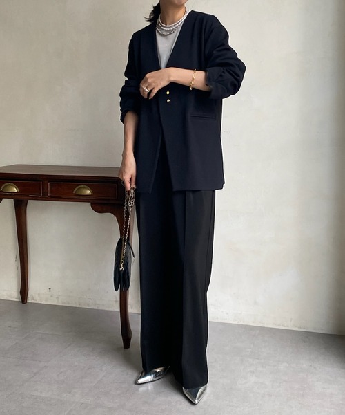 DouDou(ドゥドゥ)の「【WEB限定】ツイルノーカラージャケット(ノーカラージャケット・レディース・ブラック/オフホワイト・FREE)」の18枚目の写真