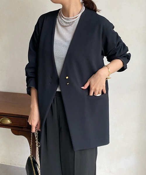 DouDou(ドゥドゥ)の「【WEB限定】ツイルノーカラージャケット(ノーカラージャケット・レディース・ブラック/オフホワイト・FREE)」の21枚目の写真