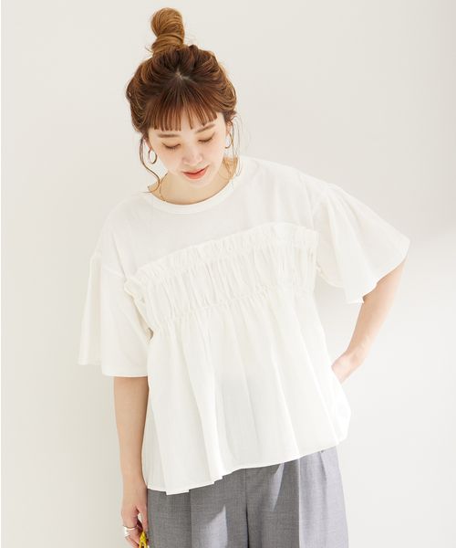 B.C STOCK(ベーセーストック)の「布帛コンビギャザートップス(Tシャツ/カットソー・レディース・ブラック/ホワイト/ピンク・FREE)」の1枚目の写真