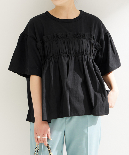 B.C STOCK(ベーセーストック)の「布帛コンビギャザートップス(Tシャツ/カットソー・レディース・ブラック/ホワイト/ピンク・FREE)」の2枚目の写真