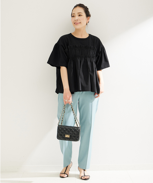 B.C STOCK(ベーセーストック)の「布帛コンビギャザートップス(Tシャツ/カットソー・レディース・ブラック/ホワイト/ピンク・FREE)」の4枚目の写真