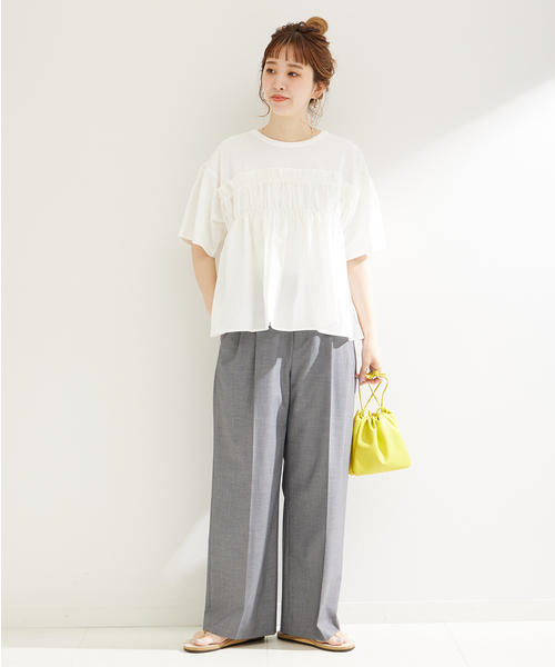 B.C STOCK(ベーセーストック)の「布帛コンビギャザートップス(Tシャツ/カットソー・レディース・ブラック/ホワイト/ピンク・FREE)」の12枚目の写真