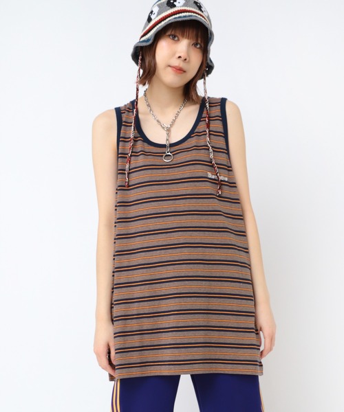 RNA(アールエヌエー)の「M2235 マルチボーダーBIGタンク(タンクトップ・レディース・パープル系その他/ベージュ/杢グレー・MEDIUM)」の1枚目の写真