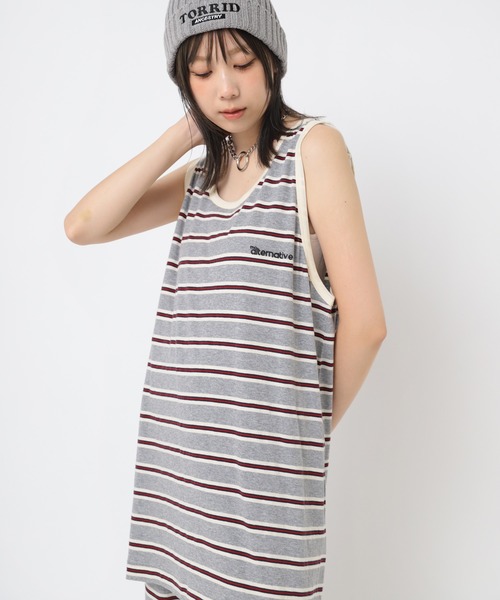 RNA(アールエヌエー)の「M2235 マルチボーダーBIGタンク(タンクトップ・レディース・パープル系その他/ベージュ/杢グレー・MEDIUM)」の2枚目の写真