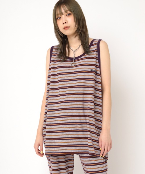 RNA(アールエヌエー)の「M2235 マルチボーダーBIGタンク(タンクトップ・レディース・パープル系その他/ベージュ/杢グレー・MEDIUM)」の6枚目の写真