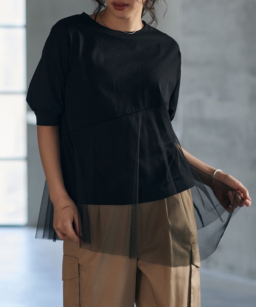 RANAN(ラナン)の「チュールドッキングペプラムトップス(Tシャツ/カットソー・レディース・ブラック/ベージュ/オフホワイト・LL/S/M/L)」の1枚目の写真