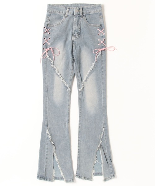 gossip！ロサンゼルス（ゴシップロサンゼルス）の「Y2K リボンフリッジスリットフレアデニムパンツ（デニムパンツ・レディース・インディゴブルー・S/L/M）」の6枚目の写真