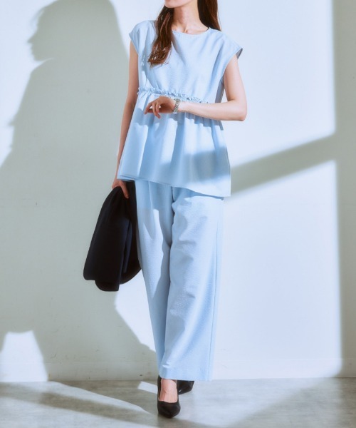 7days Life Styling（セブンデイズライフスタイリング）の「（接触冷感・防しわ・ＵＶカット）高機能サッカー生地ワイドパンツ（その他パンツ・レディース・ネイビー/サックスブルー・LL/M/L）」の11枚目の写真