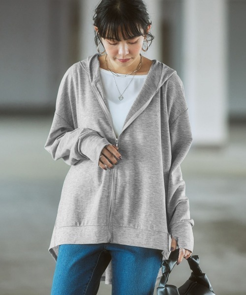 Soiunique（スワユニーク）の「UVカット・接触冷感バックタック指穴付パーカー ［Soiunique］（パーカー・レディース・杢グレー/ブラック/パープル/ライトグレー・FREE/S-M/L-XL）」の3枚目の写真