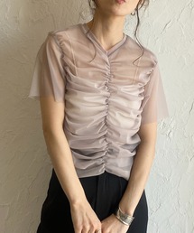 シャーリングシースルーカットソー シアー半袖メッシュチュールトップス