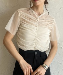 シャーリングシースルーカットソー シアー半袖メッシュチュールトップス