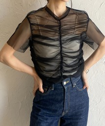 シャーリングシースルーカットソー シアー半袖メッシュチュールトップス