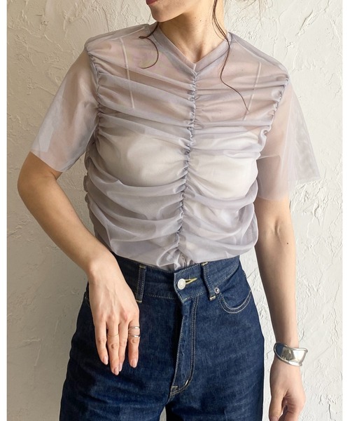 She's Closet(シーズクローゼット)の「シャーリングシースルーカットソー シアー半袖メッシュチュールトップス(Tシャツ/カットソー・レディース・グレー/グレイッシュベージュ/アイボリー/ブラック・FREE)」の10枚目の写真