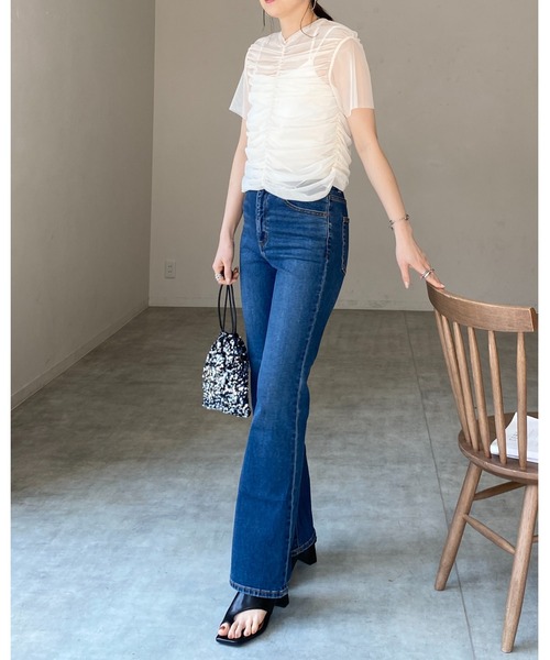 She's Closet(シーズクローゼット)の「シャーリングシースルーカットソー シアー半袖メッシュチュールトップス(Tシャツ/カットソー・レディース・グレー/グレイッシュベージュ/アイボリー/ブラック・FREE)」の12枚目の写真