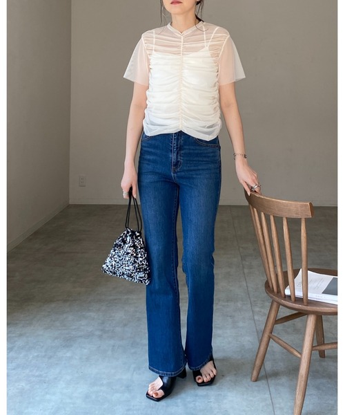 She's Closet(シーズクローゼット)の「シャーリングシースルーカットソー シアー半袖メッシュチュールトップス(Tシャツ/カットソー・レディース・グレー/グレイッシュベージュ/アイボリー/ブラック・FREE)」の13枚目の写真