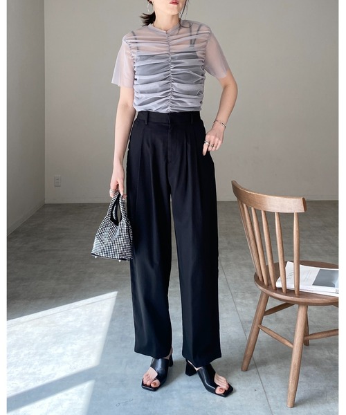She's Closet(シーズクローゼット)の「シャーリングシースルーカットソー シアー半袖メッシュチュールトップス(Tシャツ/カットソー・レディース・グレー/グレイッシュベージュ/アイボリー/ブラック・FREE)」の19枚目の写真