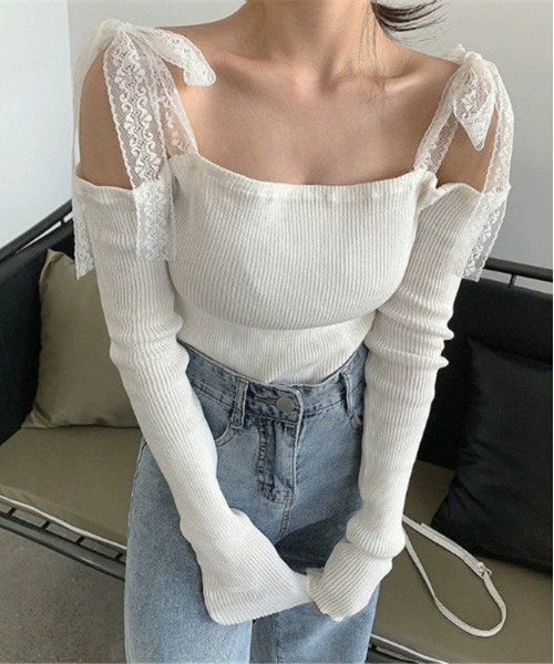gossip!ロサンゼルス(ゴシップロサンゼルス)の「Y2Kリボン 肩開き ワンショルダー オフショルダー リブ ニット(Tシャツ/カットソー・レディース・ブラック/オフホワイト・FREE)」の2枚目の写真