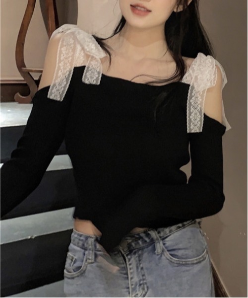 gossip!ロサンゼルス(ゴシップロサンゼルス)の「Y2Kリボン 肩開き ワンショルダー オフショルダー リブ ニット(Tシャツ/カットソー・レディース・ブラック/オフホワイト・FREE)」の13枚目の写真
