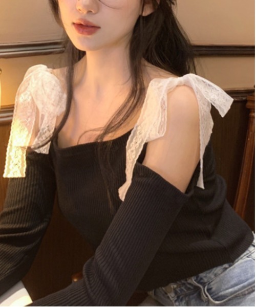 gossip!ロサンゼルス(ゴシップロサンゼルス)の「Y2Kリボン 肩開き ワンショルダー オフショルダー リブ ニット(Tシャツ/カットソー・レディース・ブラック/オフホワイト・FREE)」の14枚目の写真