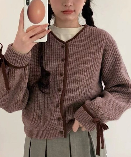 セール】リボン ニット クロップド丈 カーディガン レディース