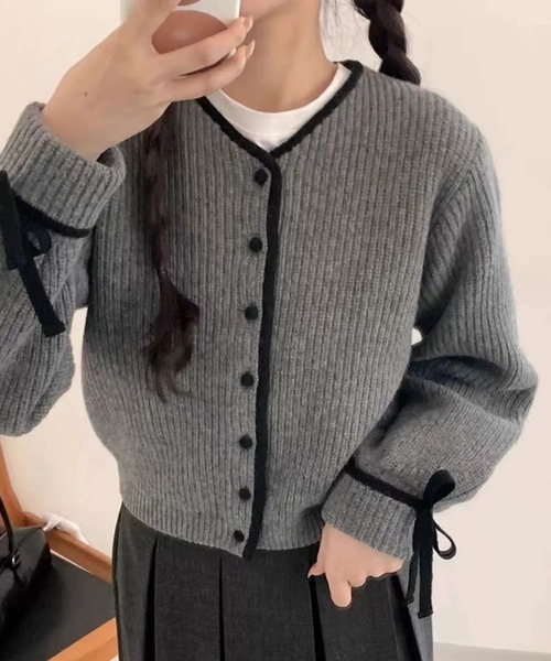 セール】リボン ニット クロップド丈 カーディガン レディース