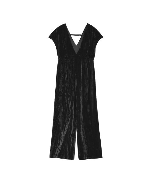 セール】[低身長/高身長サイズ有]ベロアVネックオールインワン