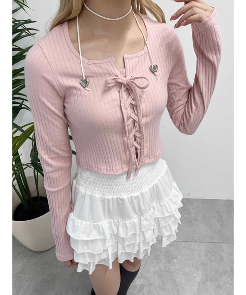 KILIG レース付きピンク長袖Tシャツ チェーンロゴ刺繍ロンT | Miiakiis Official Store