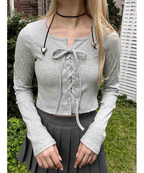 PHILLY（フィリー）の「【PHILLY】コンパクトレースアップロンT（Tシャツ/カットソー・レディース・ピンク/ブラック/グレー・FREE）」の11枚目の写真