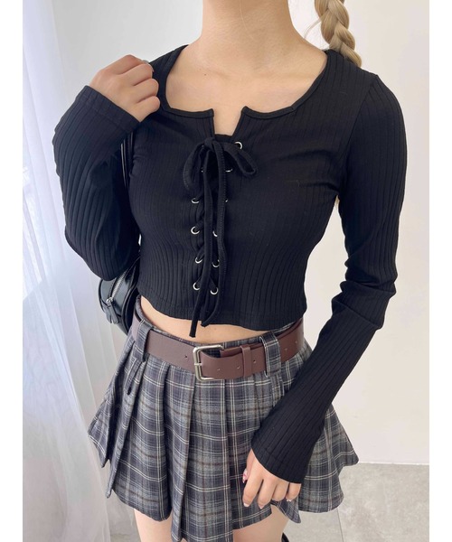 PHILLY（フィリー）の「【PHILLY】コンパクトレースアップロンT（Tシャツ/カットソー・レディース・ピンク/ブラック/グレー・FREE）」の4枚目の写真