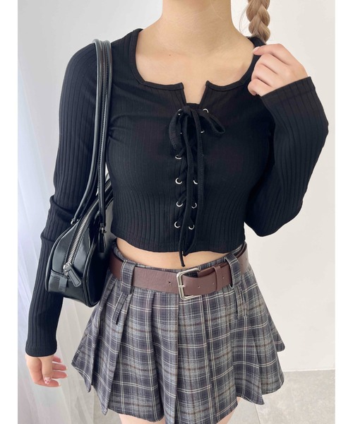 PHILLY（フィリー）の「【PHILLY】コンパクトレースアップロンT（Tシャツ/カットソー・レディース・ピンク/ブラック/グレー・FREE）」の5枚目の写真