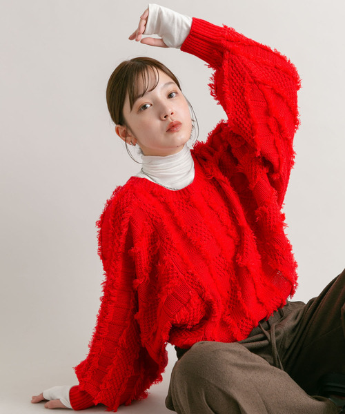 KBF（ケイビーエフ）の「『WEB/一部店舗限定』フリンジリボンカーディガン（カーディガン/ボレロ・レディース・アイボリー/レッド/ブラック・ONE）」の3枚目の写真