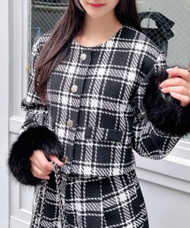 INGNI | 袖ファーチェック柄ジャケット(ノーカラージャケット)