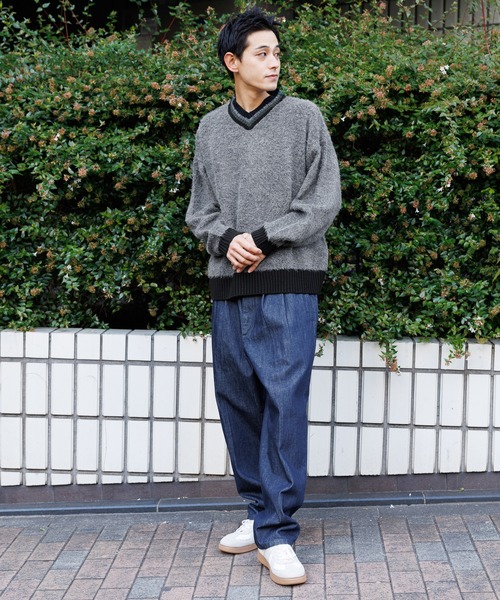 niko and...（ニコアンド）の「ブークレ襟ラインニットVネックプルオーバー（ニット/セーター・メンズ・チャコール/アイボリー/グリーン・LARGE/MEDIUM）」の21枚目の写真