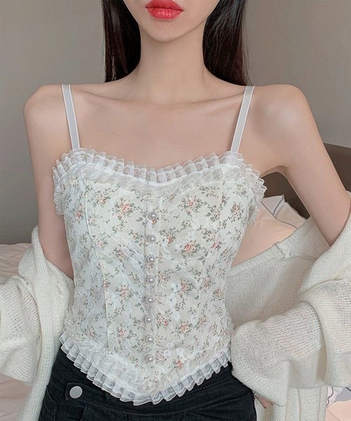 Lace Ladies(レースレディース)の「花柄 レース ハートネック パール付き ビスチェ(キャミソール・レディース・ブラック/ホワイト・FREE)」の2枚目の写真